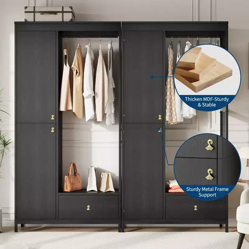 Freestanding Closet Organizer with Shelves and Hanging Rod, Modern Metal Wardrobe Rack with Mesh Side & Drawer
