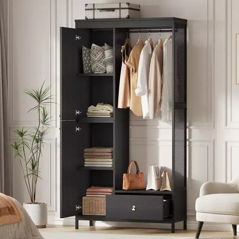 Freestanding Closet Organizer with Shelves and Hanging Rod, Modern Metal Wardrobe Rack with Mesh Side & Drawer