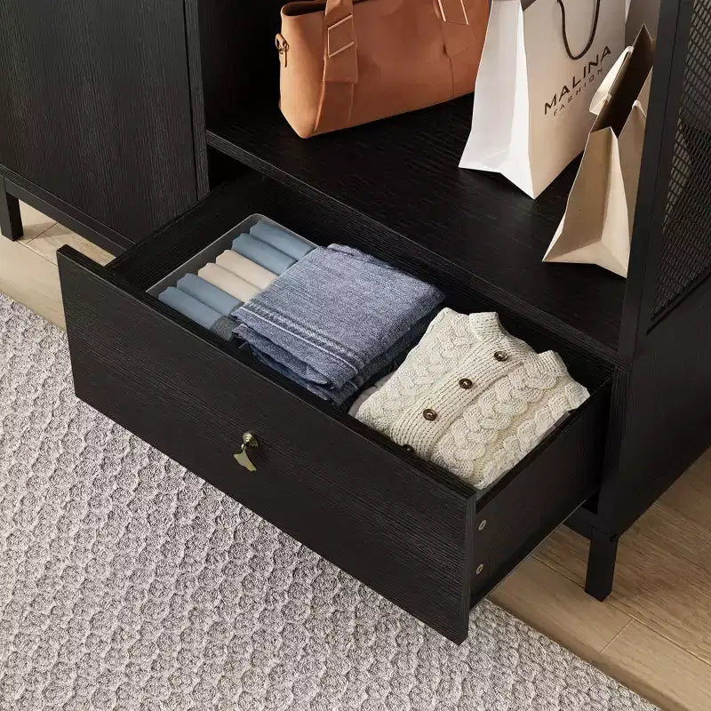 Freestanding Closet Organizer with Shelves and Hanging Rod, Modern Metal Wardrobe Rack with Mesh Side & Drawer