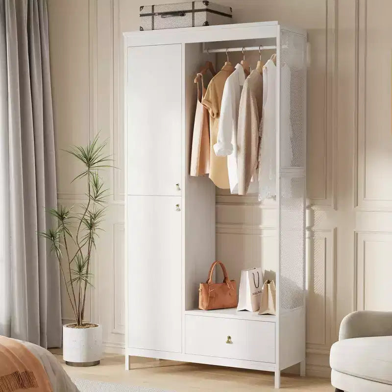 Freestanding Closet Organizer with Shelves and Hanging Rod, Modern Metal Wardrobe Rack with Mesh Side & Drawer