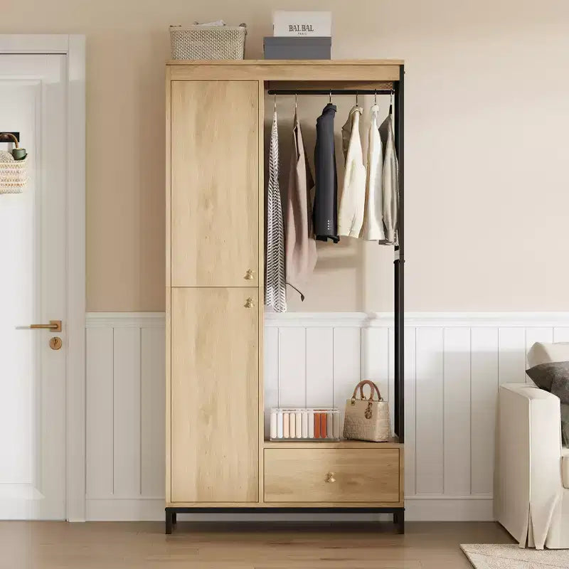 Freestanding Closet Organizer with Shelves and Hanging Rod, Modern Metal Wardrobe Rack with Mesh Side & Drawer