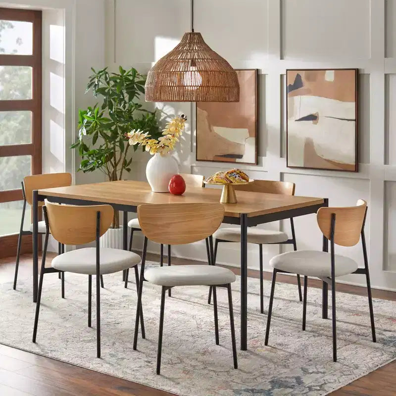 7-Piece Mid-Century Modern Dining Set with Oak Table & 6 Linen Upholstered Chairs