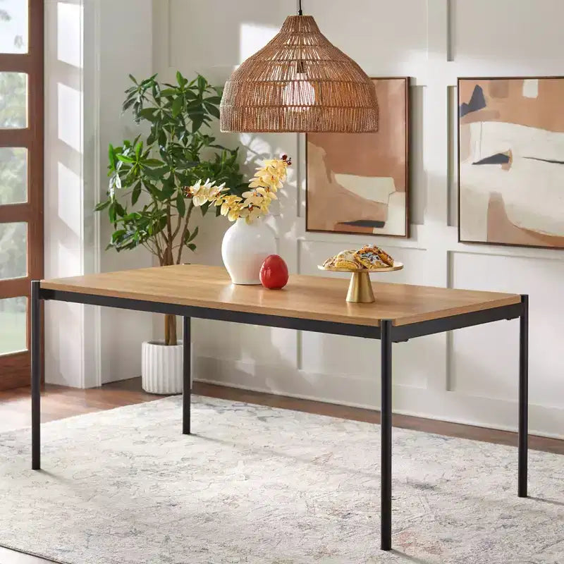 7-Piece Mid-Century Modern Dining Set with Oak Table & 6 Linen Upholstered Chairs