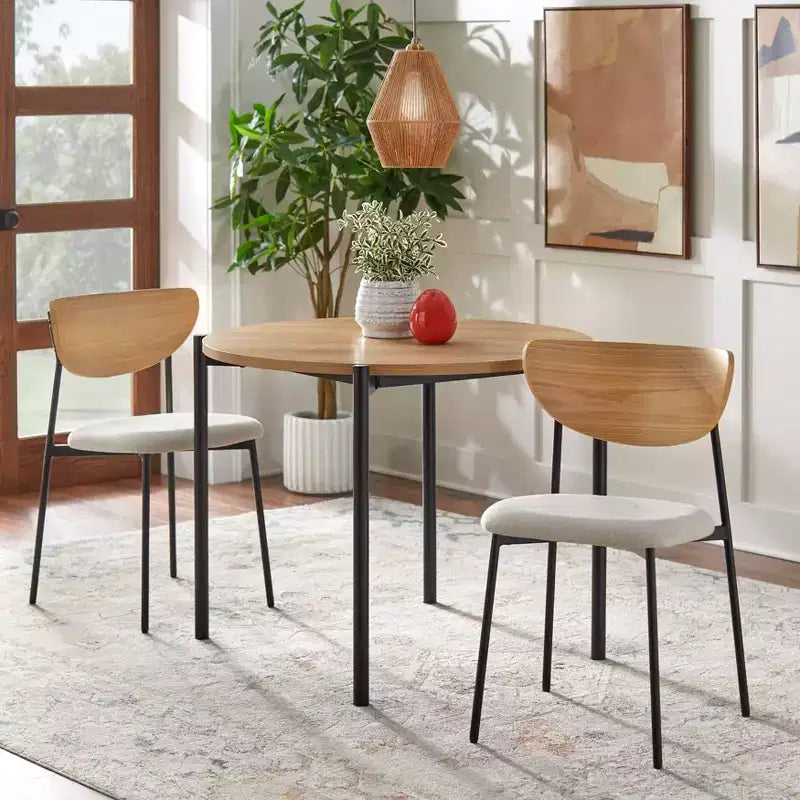 3-Piece Mid-Century Modern Round Dining Set, Oak & Black, Seats 4