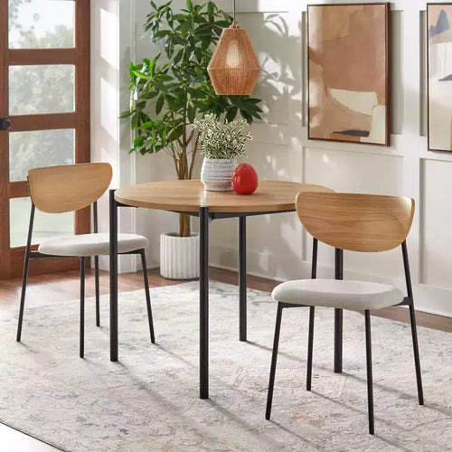 3-Piece Mid-Century Modern Round Dining Set, Oak & Black, Seats 4