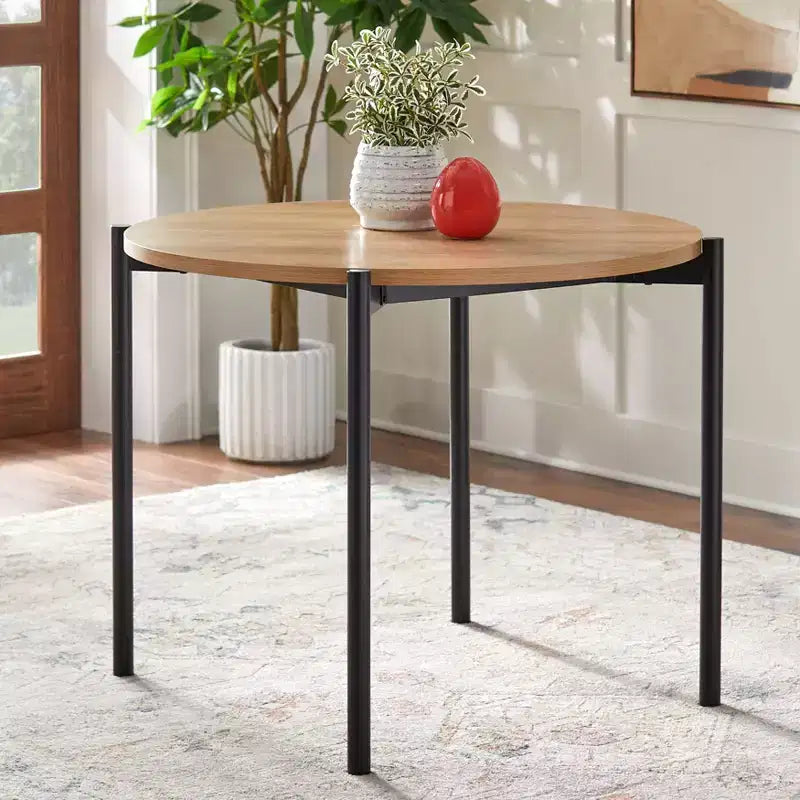 3-Piece Mid-Century Modern Round Dining Set, Oak & Black, Seats 4