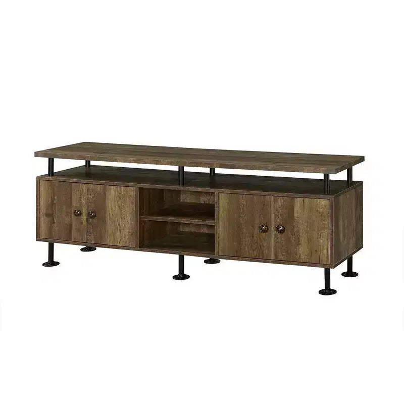TV Stand for TVs up to 60", Rustic Oak & Black with 4 Open Shelves & Storage