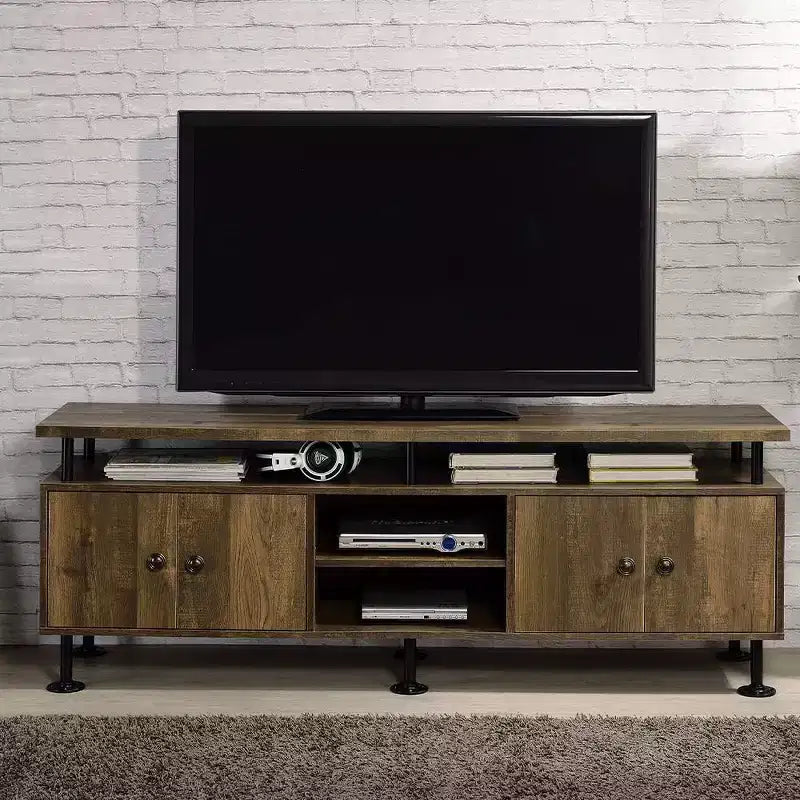 TV Stand for TVs up to 60", Rustic Oak & Black with 4 Open Shelves & Storage