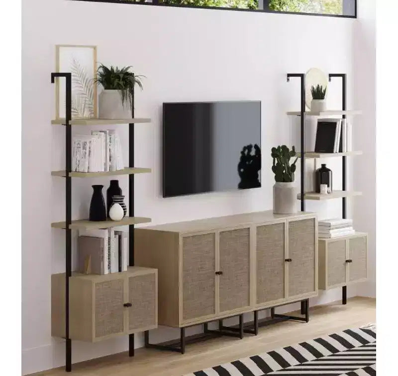 72.5" Tall Bookshelf with Rattan Cane Doors & 5 Shelves, Light Oak, Set of 2