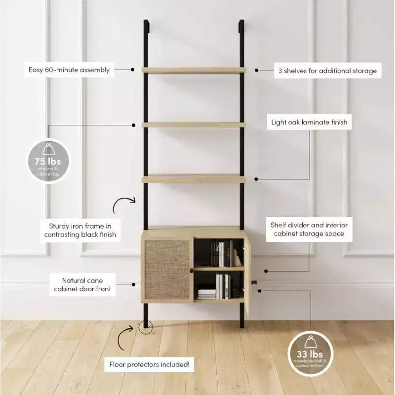 72.5" Tall Bookshelf with Rattan Cane Doors & 5 Shelves, Light Oak, Set of 2