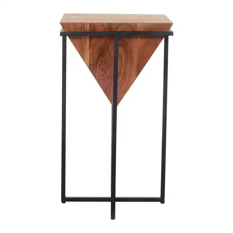 26" Pyramid-Shape Acacia Wood Side Table with Black Cross Metal Base