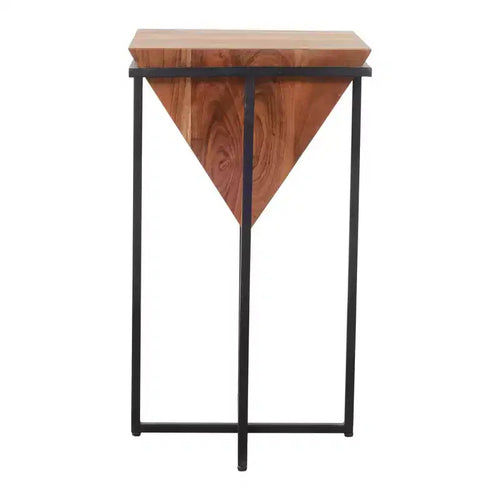 26" Pyramid-Shape Acacia Wood Side Table with Black Cross Metal Base
