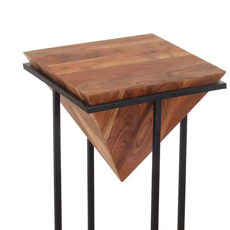26" Pyramid-Shape Acacia Wood Side Table with Black Cross Metal Base