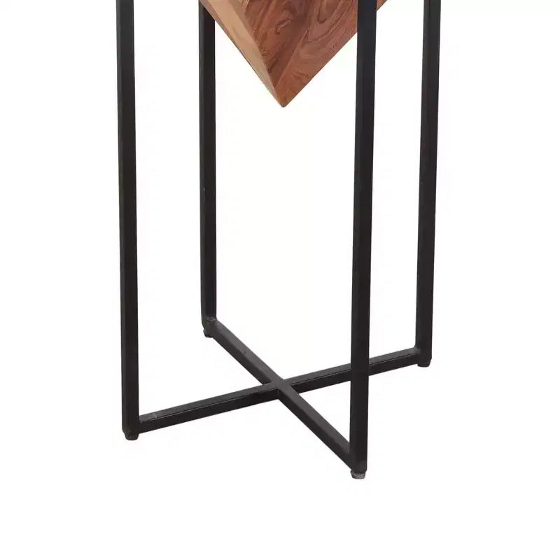 26" Pyramid-Shape Acacia Wood Side Table with Black Cross Metal Base
