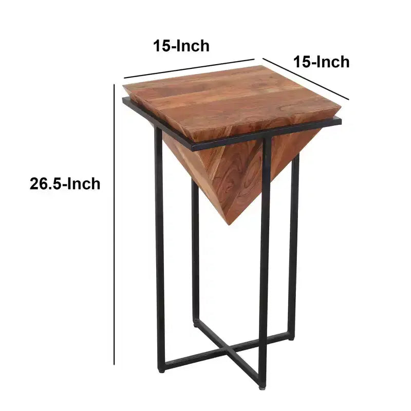 26" Pyramid-Shape Acacia Wood Side Table with Black Cross Metal Base