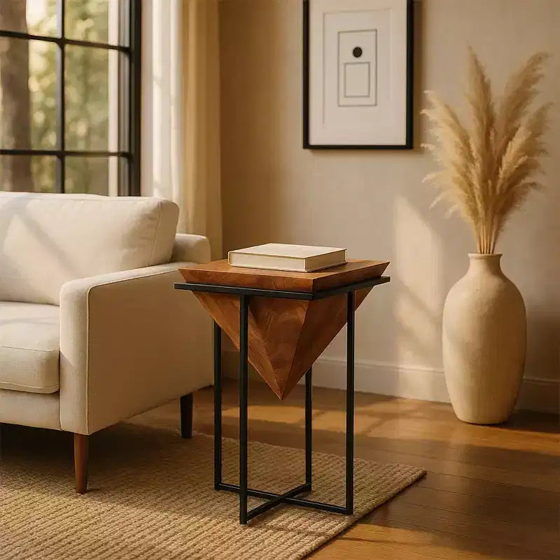 26" Pyramid-Shape Acacia Wood Side Table with Black Cross Metal Base