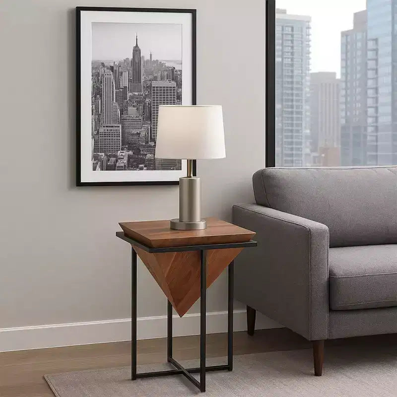 26" Pyramid-Shape Acacia Wood Side Table with Black Cross Metal Base