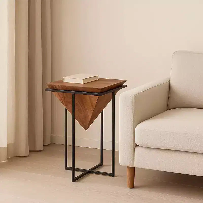 26" Pyramid-Shape Acacia Wood Side Table with Black Cross Metal Base
