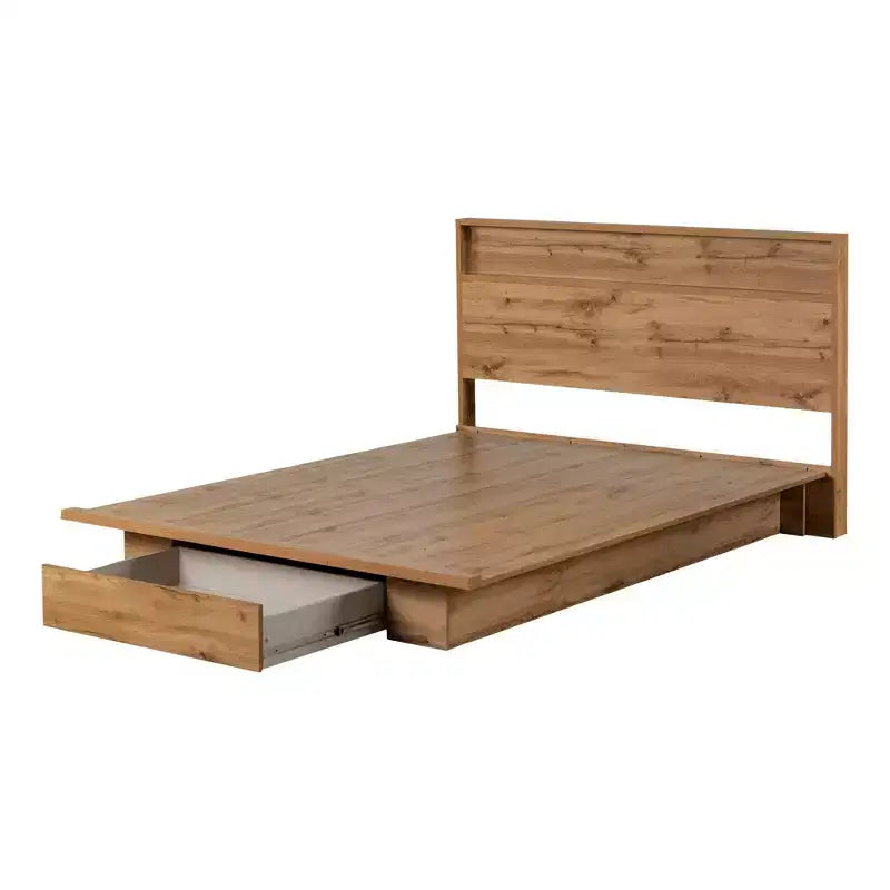 Full/Queen Platform Bed with Storage Drawer & Headboard, Nordic Oak, 500 lb Cap