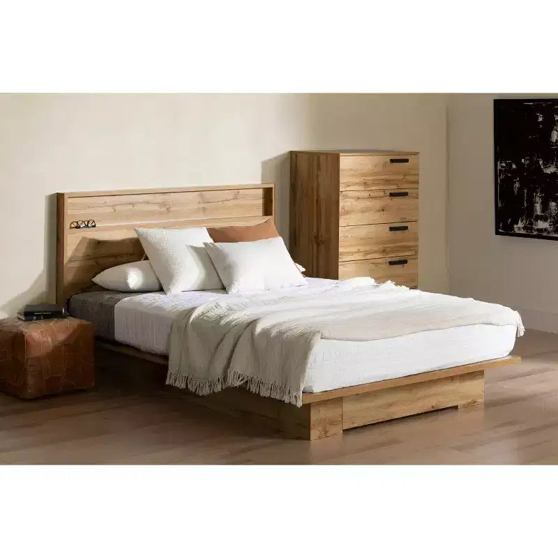 Full/Queen Platform Bed with Storage Drawer & Headboard, Nordic Oak, 500 lb Cap