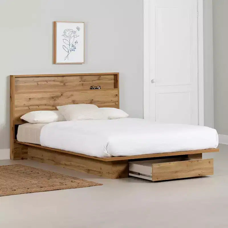 Full/Queen Platform Bed with Storage Drawer & Headboard, Nordic Oak, 500 lb Cap