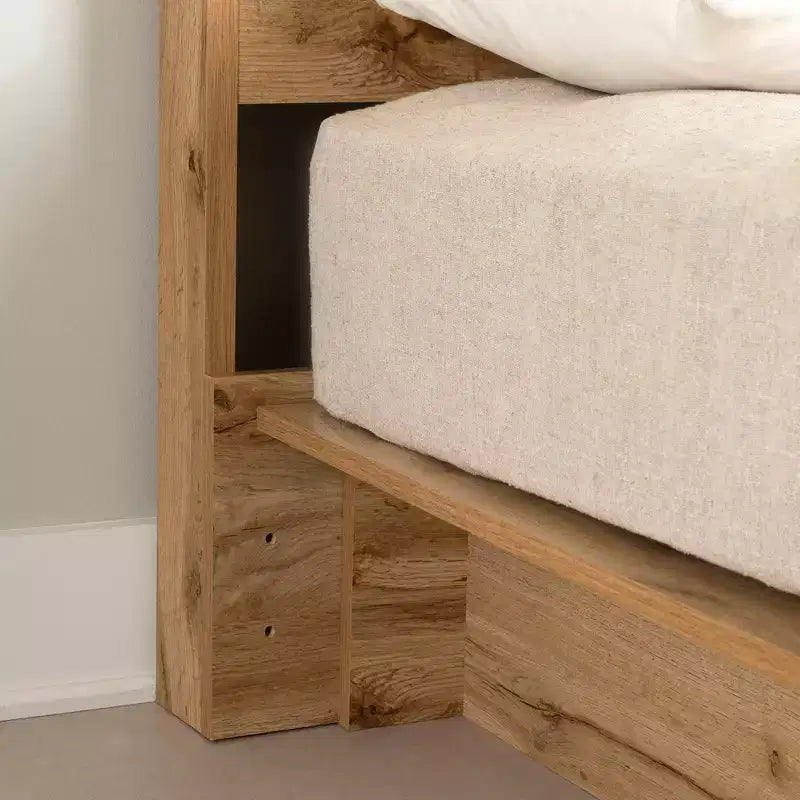 Full/Queen Platform Bed with Storage Drawer & Headboard, Nordic Oak, 500 lb Cap