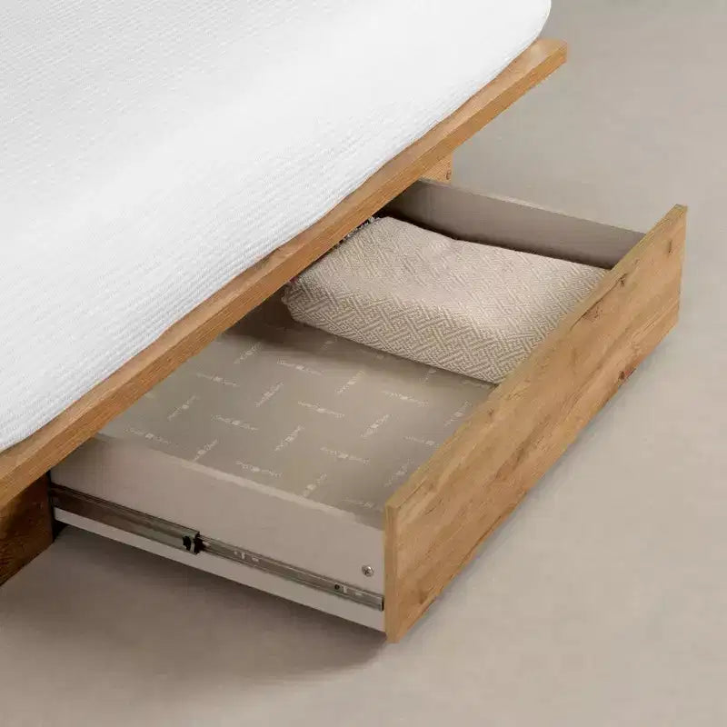 Full/Queen Platform Bed with Storage Drawer & Headboard, Nordic Oak, 500 lb Cap