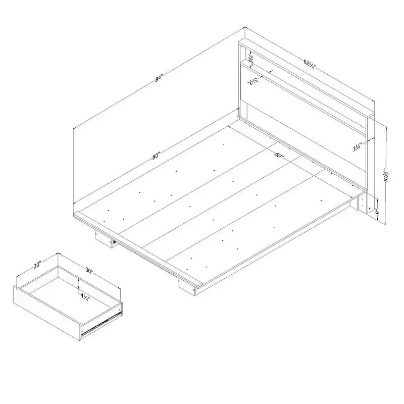 Full/Queen Platform Bed with Storage Drawer & Headboard, Nordic Oak, 500 lb Cap