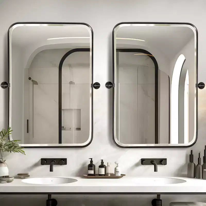 Dovelina Rectangular Metal Frame Pivot Decorative Wall Mirror with Rounded Corners (Set of 2)