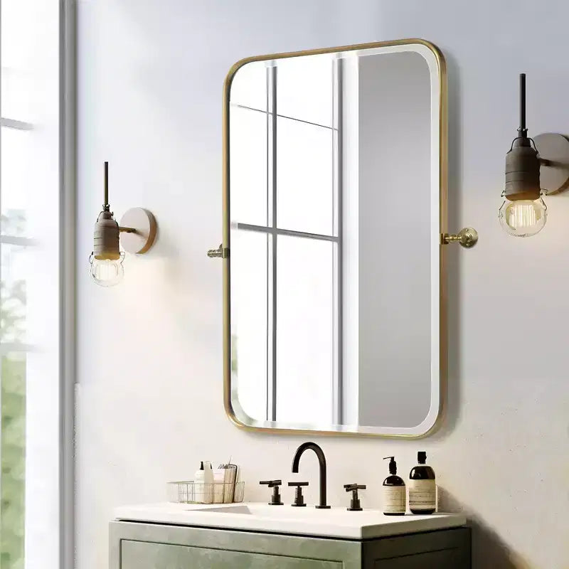 Dovelina Rectangular Metal Frame Pivot Decorative Wall Mirror with Rounded Corners (Set of 2)
