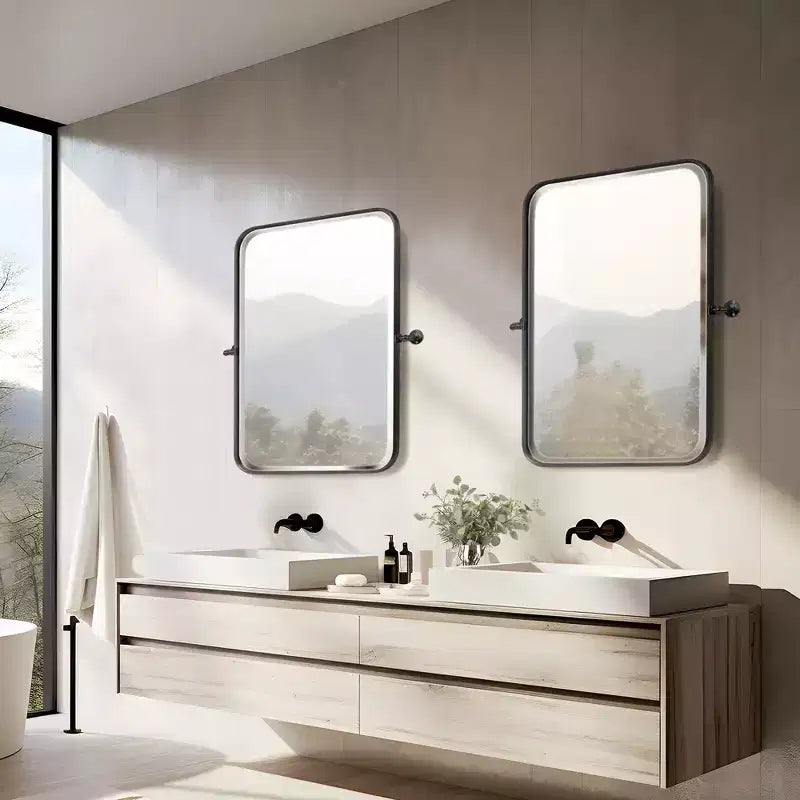Dovelina Rectangular Metal Frame Pivot Decorative Wall Mirror with Rounded Corners (Set of 2)