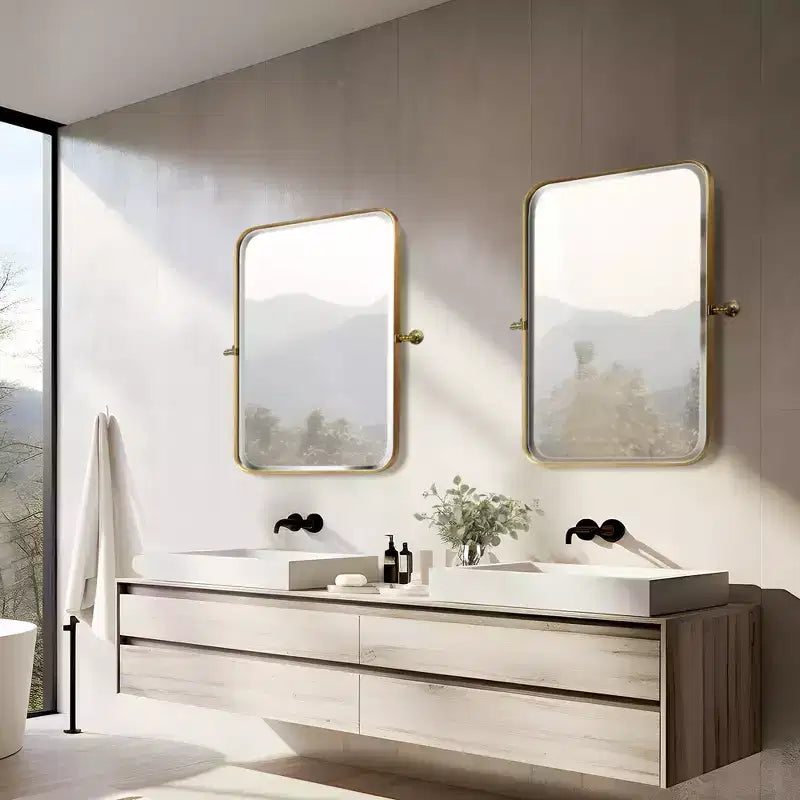 Dovelina Rectangular Metal Frame Pivot Decorative Wall Mirror with Rounded Corners (Set of 2)