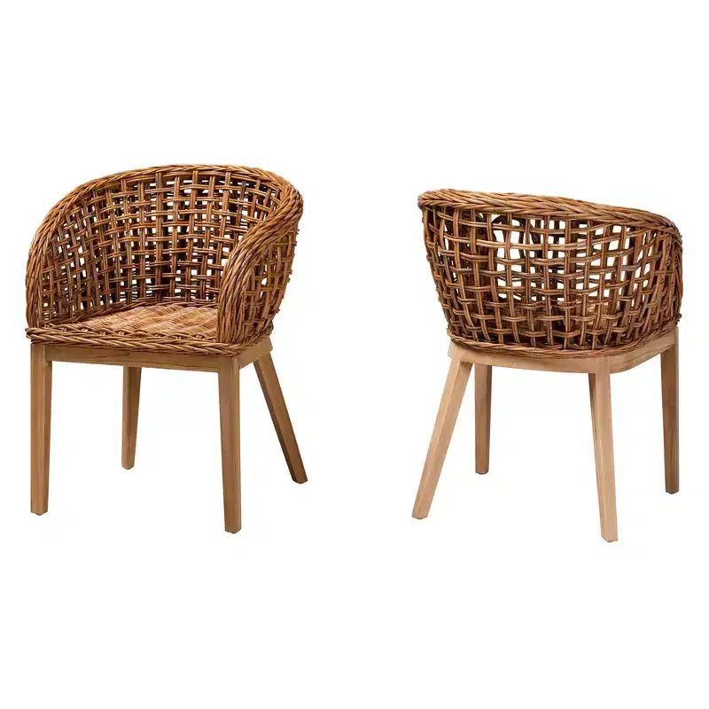 Bohemian Teak Wood & Rattan Dining Chair Set of 2 with Armrests, Fully Assembled