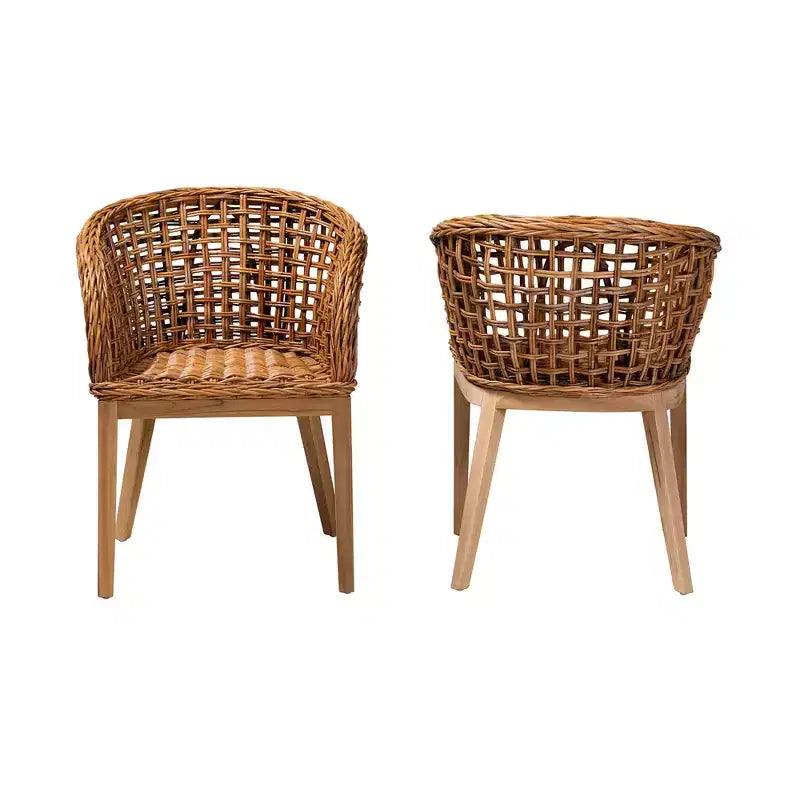 Bohemian Teak Wood & Rattan Dining Chair Set of 2 with Armrests, Fully Assembled