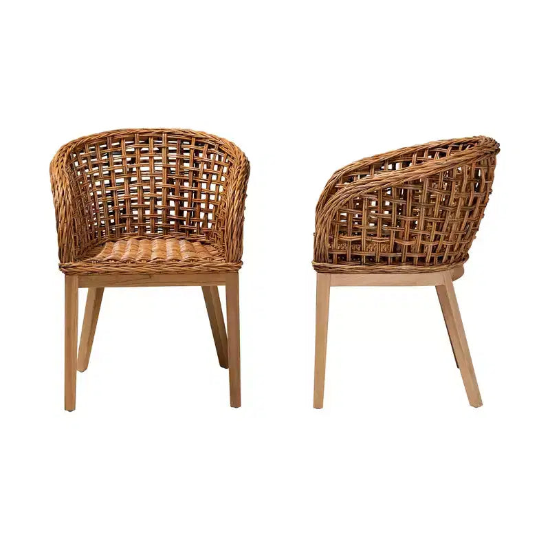 Bohemian Teak Wood & Rattan Dining Chair Set of 2 with Armrests, Fully Assembled