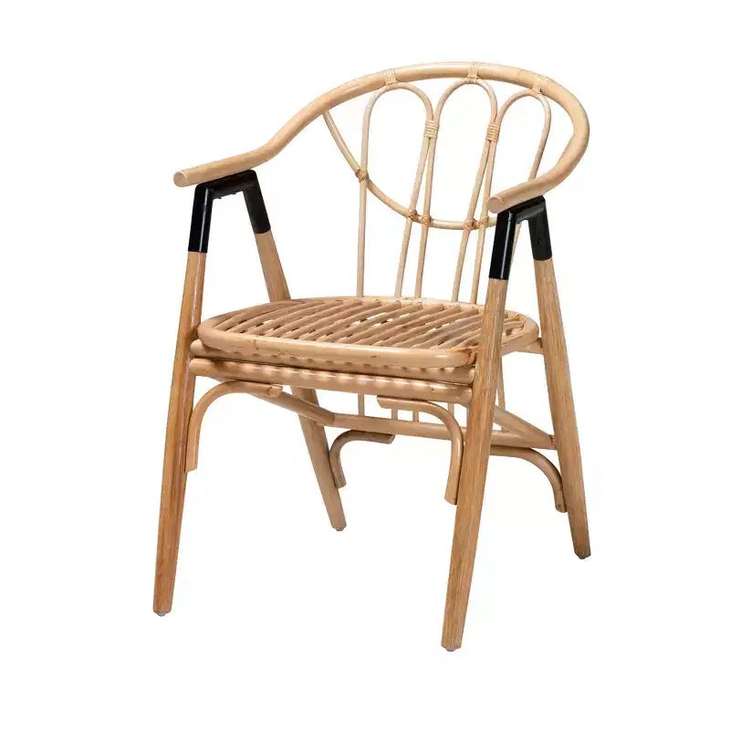 Bohemian Natural Rattan Dining Chair with Armrests & Curved Backrest, Fully Assembled