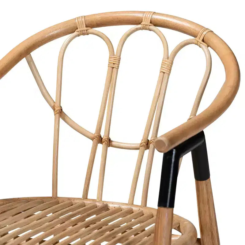 Bohemian Natural Rattan Dining Chair with Armrests & Curved Backrest, Fully Assembled
