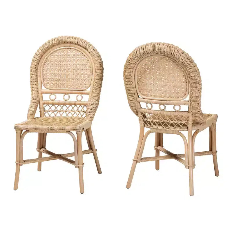Bohemian Natural Rattan Dining Chair Set of 2 with Round Backrest & Crisscross Base