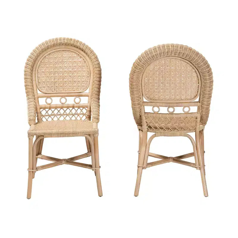 Bohemian Natural Rattan Dining Chair Set of 2 with Round Backrest & Crisscross Base