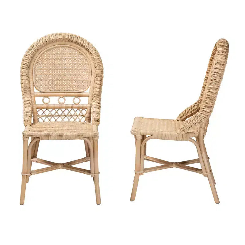 Bohemian Natural Rattan Dining Chair Set of 2 with Round Backrest & Crisscross Base
