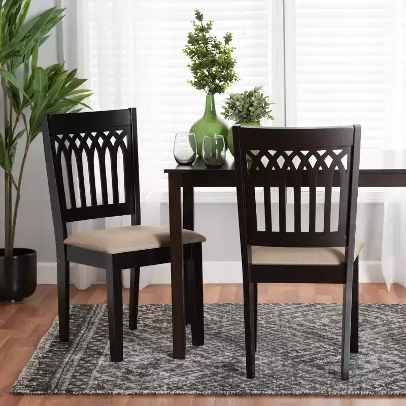 Modern Fabric Upholstered Dining Chair Set of 2 with Openwork Backrest, Rubberwood