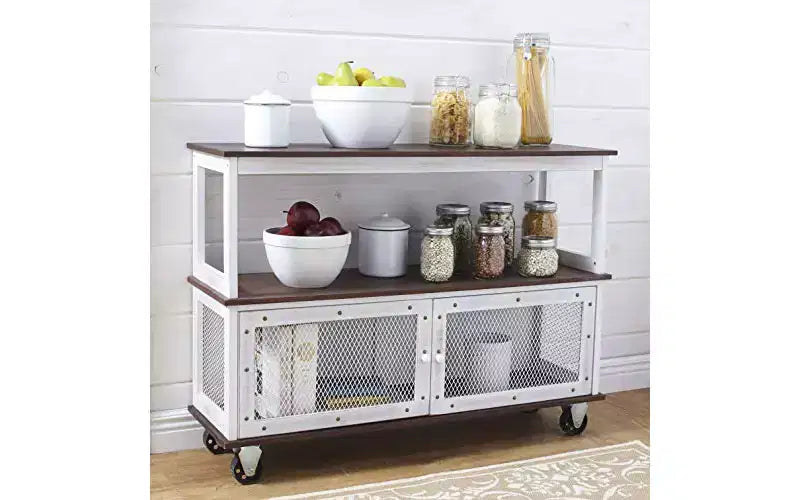 Industrial-Style 3-Tier Rolling Buffet Cart with Cabinet Doors & Metal Accents