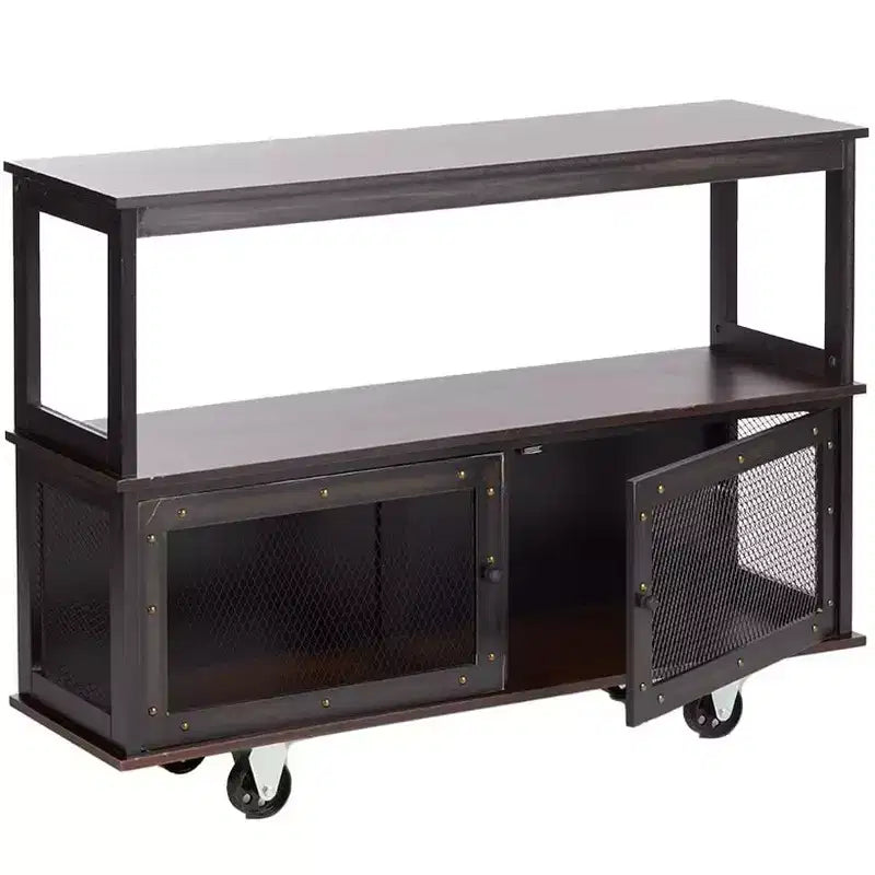 Industrial-Style 3-Tier Rolling Buffet Cart with Cabinet Doors & Metal Accents
