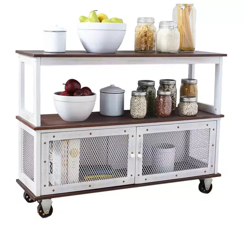 Industrial-Style 3-Tier Rolling Buffet Cart with Cabinet Doors & Metal Accents