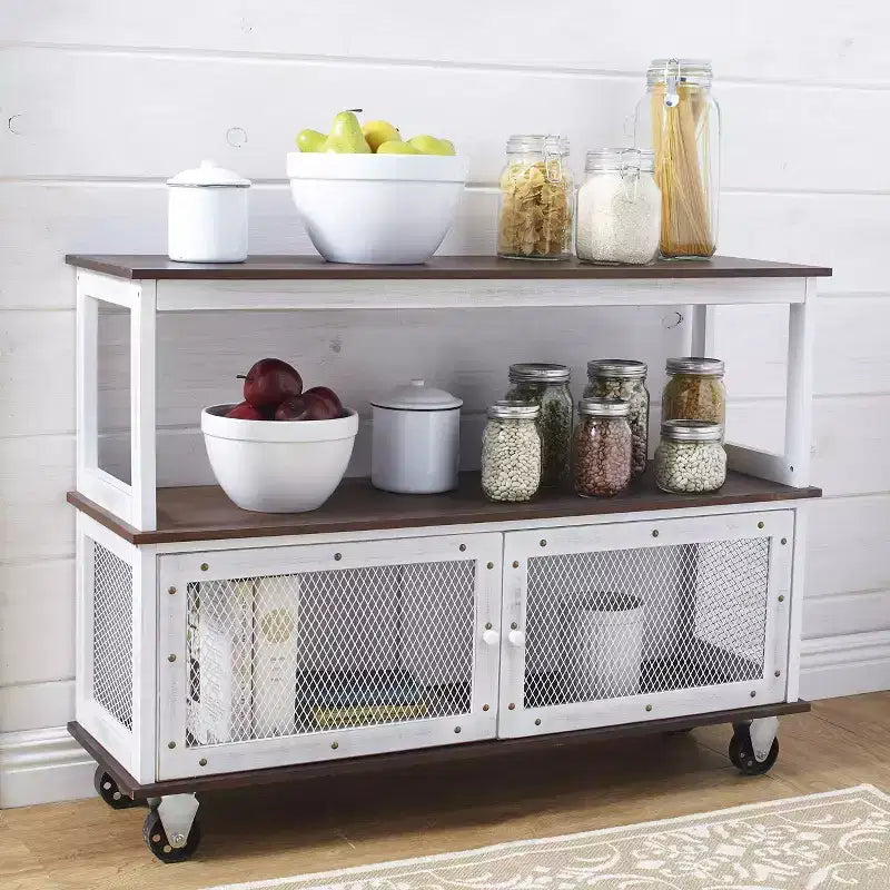 Industrial-Style 3-Tier Rolling Buffet Cart with Cabinet Doors & Metal Accents