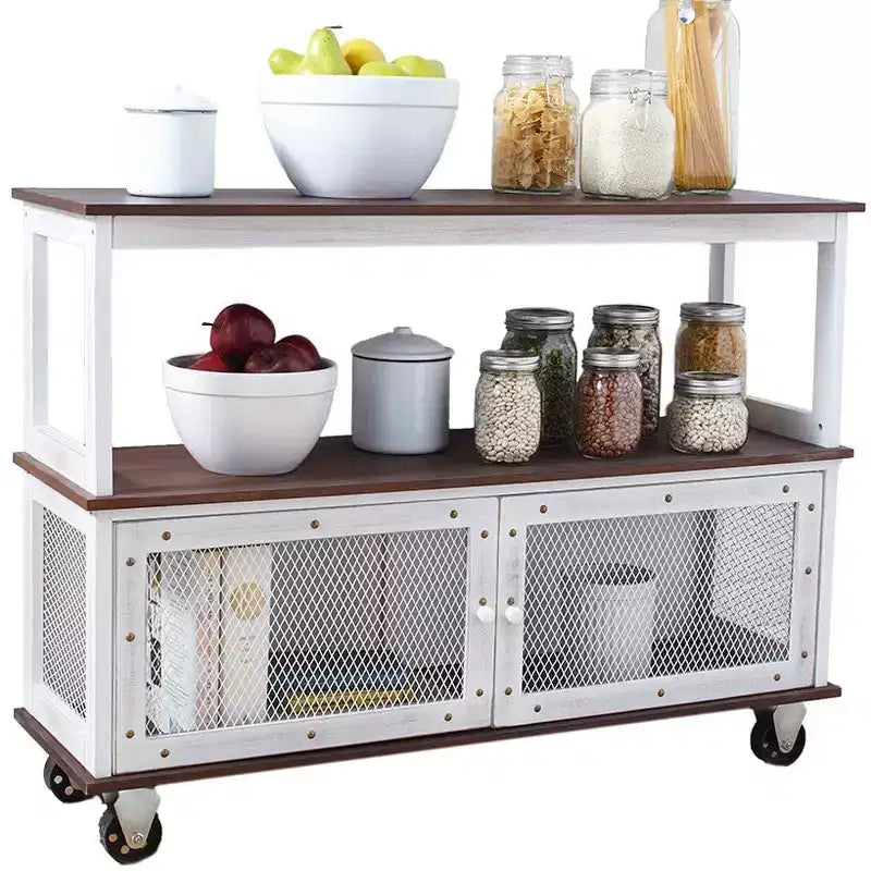 Industrial-Style 3-Tier Rolling Buffet Cart with Cabinet Doors & Metal Accents