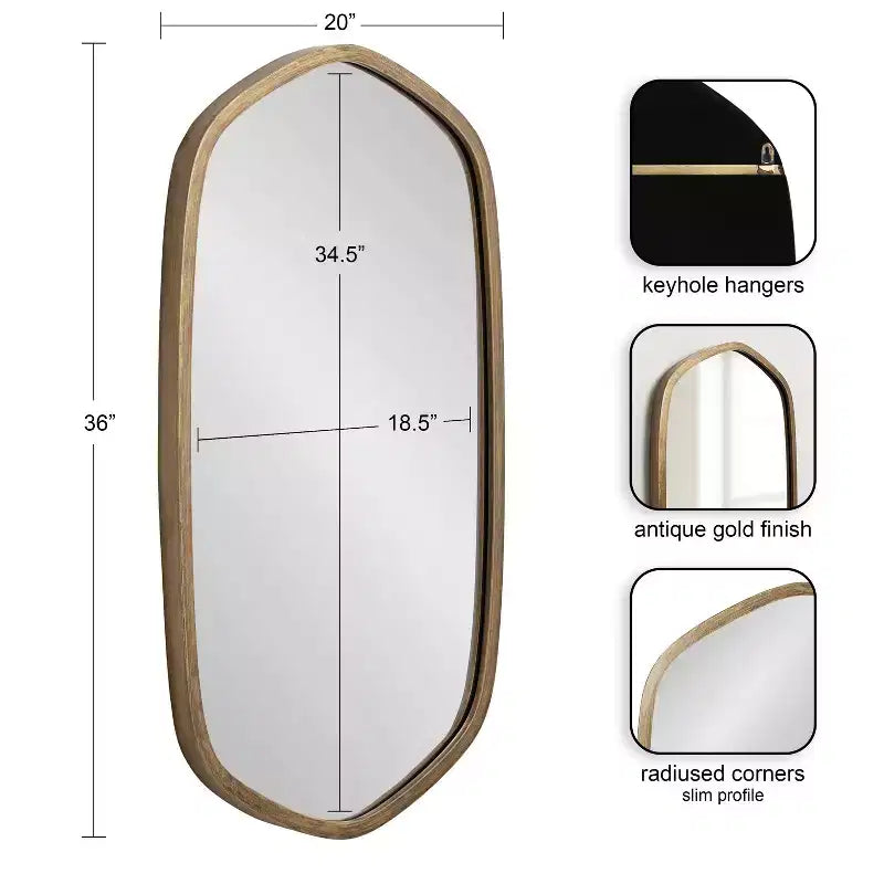 20x36 Hexagon Wall Mirror with Black Plastic Frame & Mounting Hardware