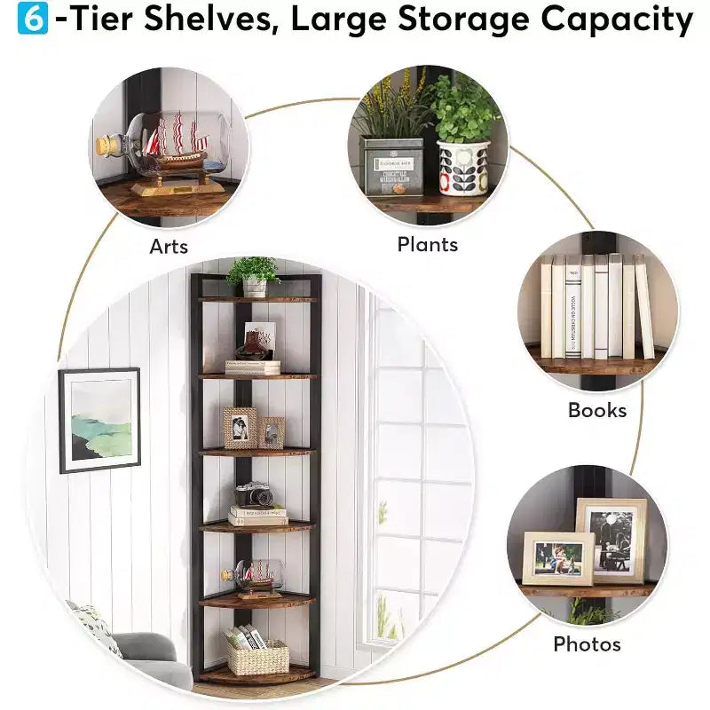 6-Tier Corner Bookshelf, 70.86" Tall Shelving Unit with Adjustable Leg Pads