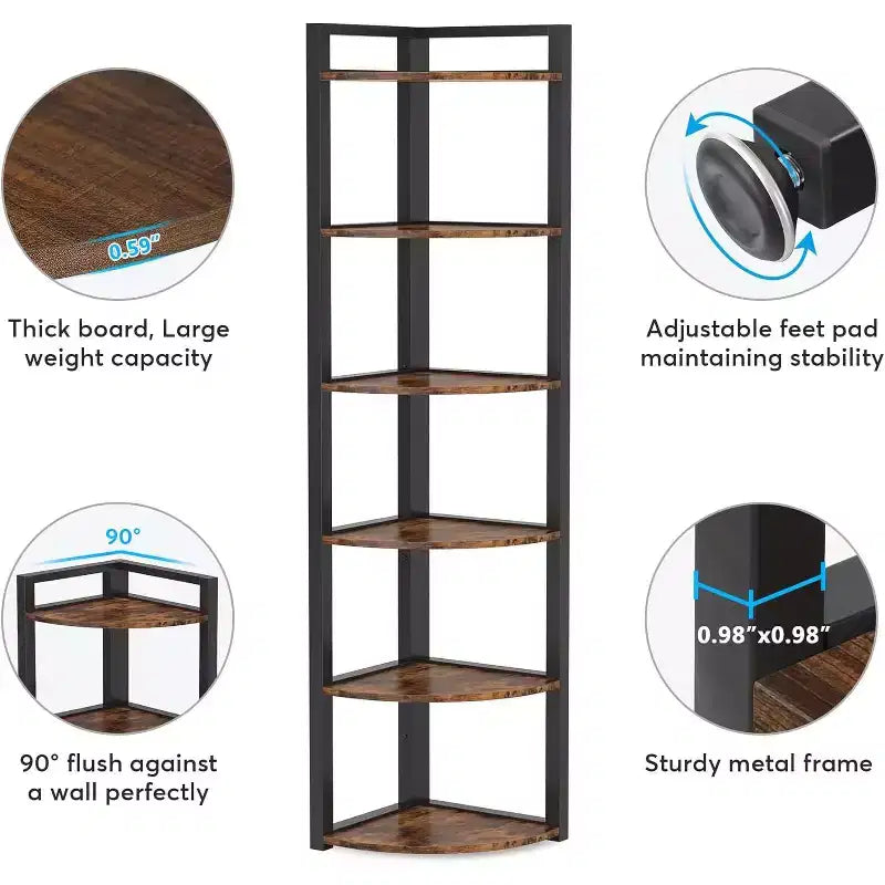 6-Tier Corner Bookshelf, 70.86" Tall Shelving Unit with Adjustable Leg Pads