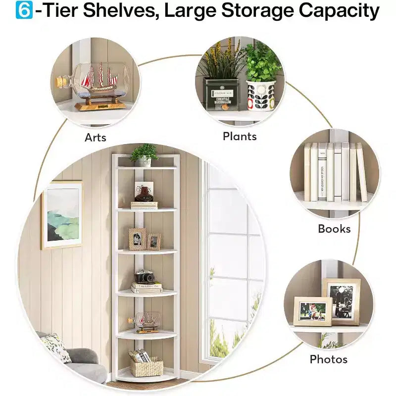 6-Tier Corner Bookshelf, 70.86" Tall Shelving Unit with Adjustable Leg Pads